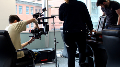 The Alexa Mini being prepared and stabilised for the next shot.